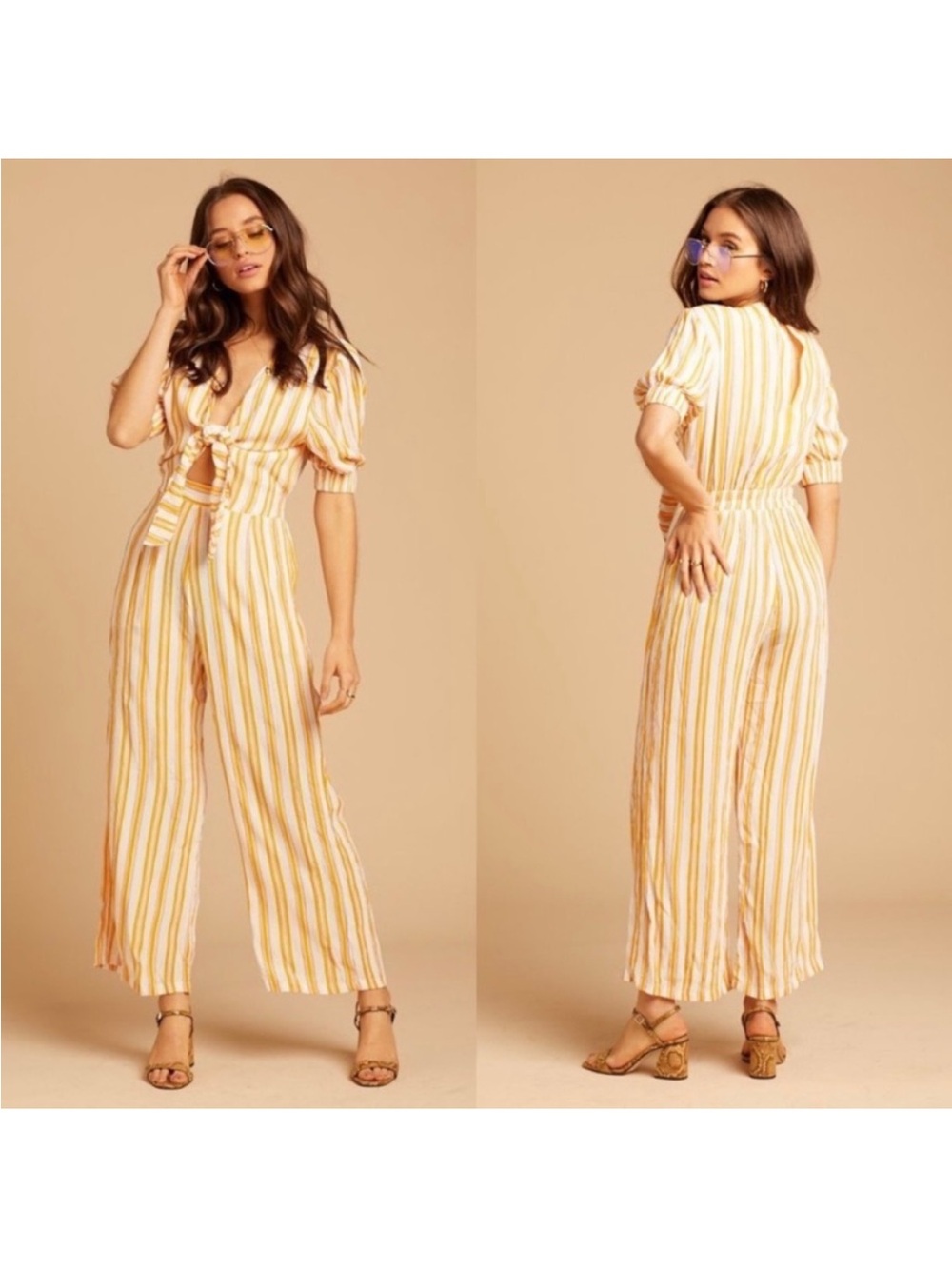Faithfull The Brand Striped Yellow Tie Front Cutout Wide Leg Jumpsuit Size M